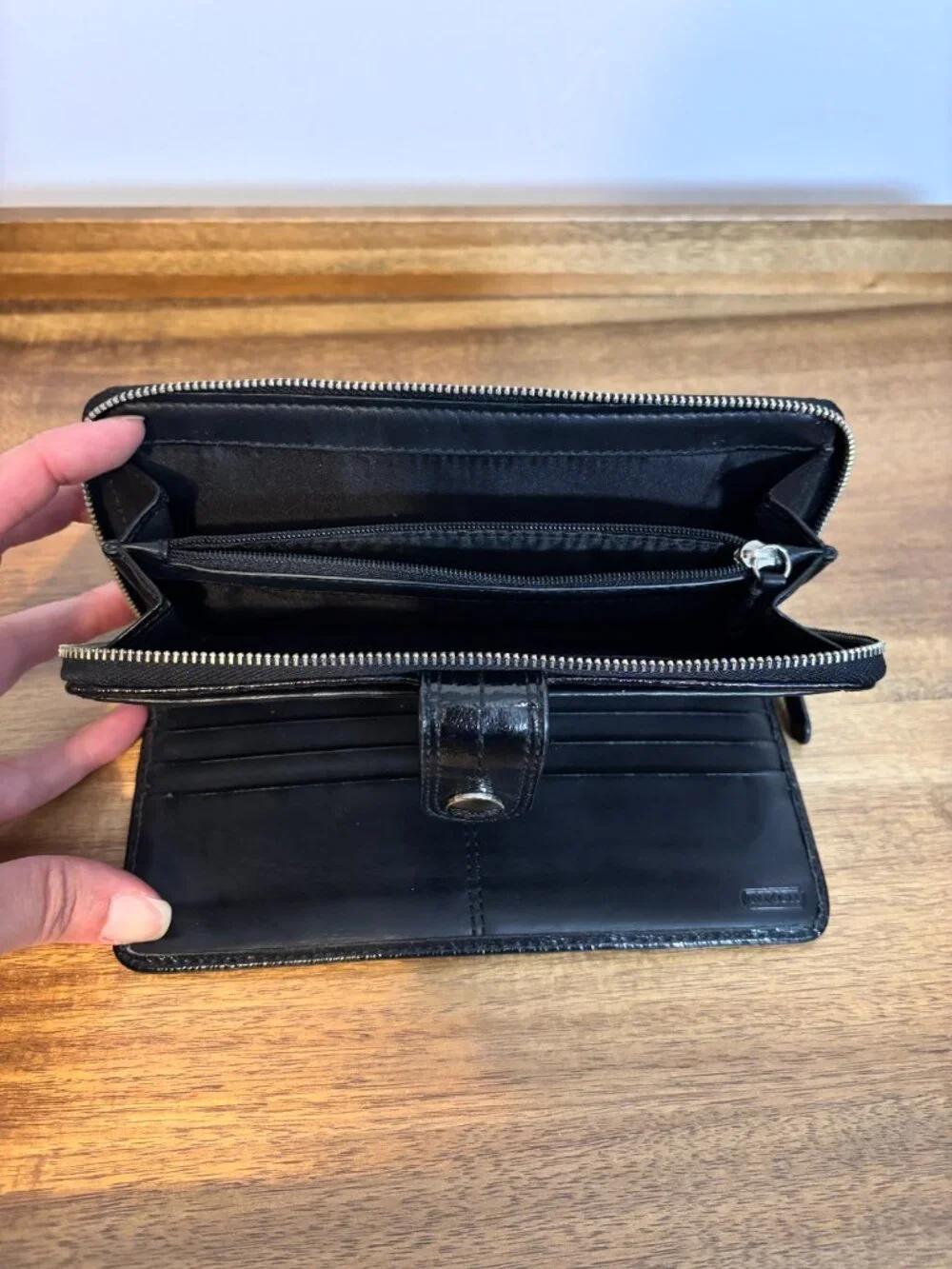Coach Black Signature White Black Stripe Zip Around Accordion Wallet